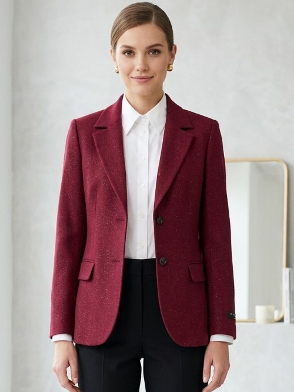 Sisley Women's Tailored Burgundy Blazer - Classic Single-Breasted Jacket Wool